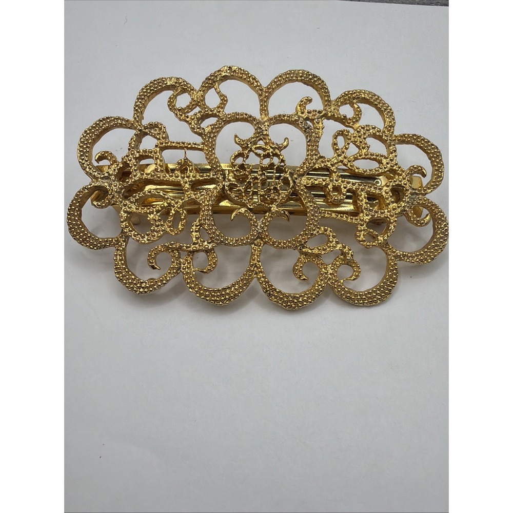 Vintage Gold Tone Filigree Barrette Hair Clip Scrollwork Design Ornate Textured